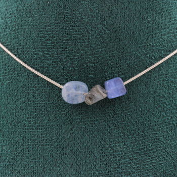 Blue kyanite from Brazil 3 beads necklace. Stainless steel chain