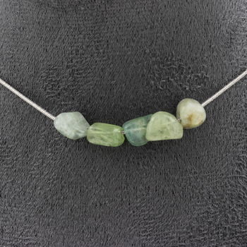 Green kyanite from Brazil 5 beads necklace. Stainless steel chain