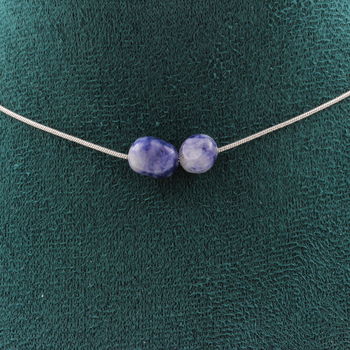 Collier 2 perles Jaspe bleu d'Afrique du Sud. Chaine en acier inoxydable
