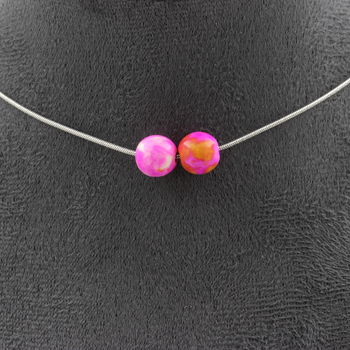 Collier 2 perles Jaspe rose jaune 8 mm. Chaine en acier inoxydable