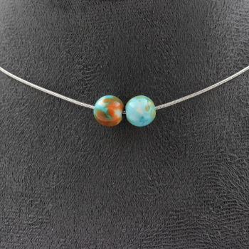 Collier 2 perles Jaspe bleu orange 8 mm. Chaine en acier inoxydable