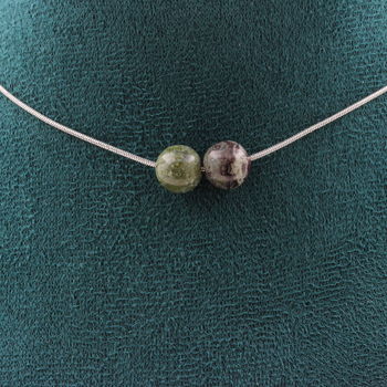 Collier 2 perles Jaspe sang de Dragon 8 mm. Chaine en acier inoxydable