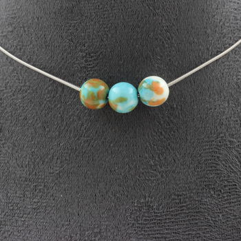Orange blue Jasper 8 mm 3 beads necklace. Stainless steel chain