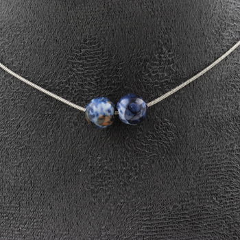 Collier 2 perles Jaspe bleu 8 mm. Chaine en acier inoxydable