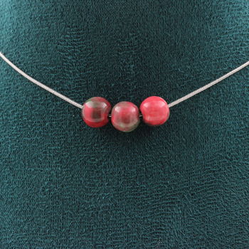 Red green Jasper 8 mm 3 beads necklace. Stainless steel chain