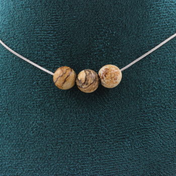 Collier 3 perles Jaspe paysage 8 mm. Chaine en acier inoxydable