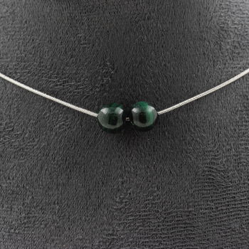 Malachite from Congo quality 7A 8 mm 2 beads necklace. Stainless steel chain
