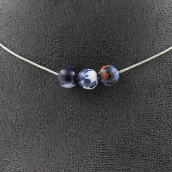 Blue jasper 8 mm 3 beads necklace. Stainless steel chain