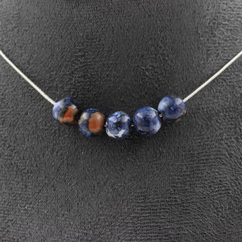 Collier 5 perles Jaspe bleu 8 mm. Chaine en acier inoxydable