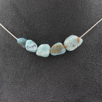 Larimar from the Dominican Republic 5 beads necklace. Stainless steel chain