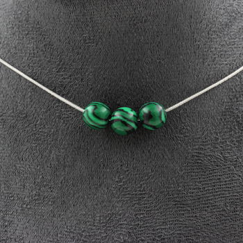Malachite (with resin) 8 mm 3 beads necklace. Stainless steel chain
