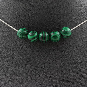 Malachite (with resin) 8 mm 5 beads necklace. Stainless steel chain