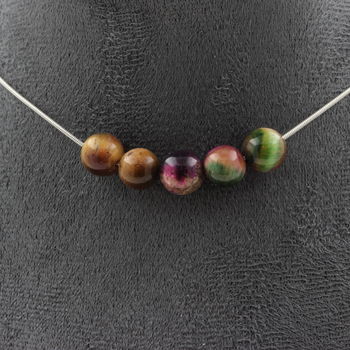 Two-tone Fuschia Tiger's Eye 8 mm 5 beads necklace. Stainless steel chain