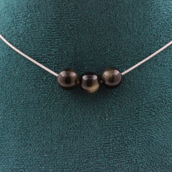 Collier 3 perles Obsidienne dorée 8 mm. Chaine en acier inoxydable