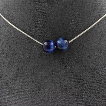 Collier 2 perles Oeil de Tigre Bleu 8 mm. Chaine en acier inoxydable