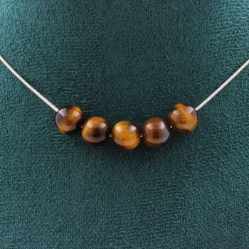 Collier 5 perles Oeil de Tigre 8 mm. Chaine en acier inoxydable