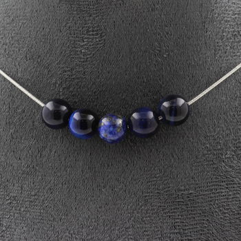 Collier 5 perles Oeil de Tigre Bleu 8 mm. Chaine en acier inoxydable