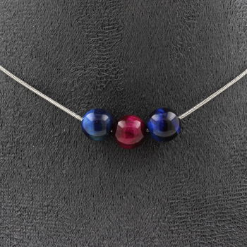 Collier 3 perles Oeil de Tigre Multicolore 8 mm. Chaine en acier inoxydable