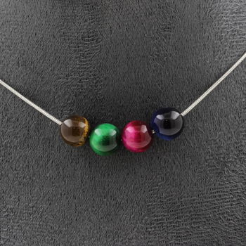 Collier 4 perles Oeil de Tigre Multicolore 8 mm. Chaine en acier inoxydable