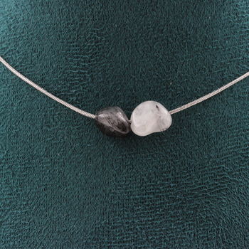 Collier 2 perles Quartz à inclusions de Tourmaline du Brésil Chaine en acier inoxydable