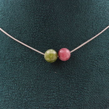Collier 2 perles Tourmaline multicolore 8 mm Chaine en acier inoxydable