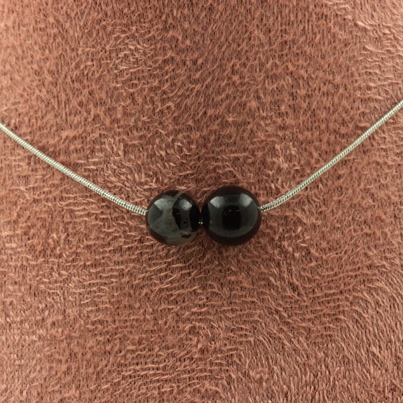 Schorl Tourmaline from Brazil 8 mm 2 beads necklace. Stainless steel chain