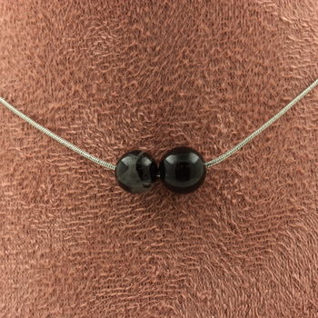 Schorl Tourmaline from Brazil 8 mm 2 beads necklace. Stainless steel chain