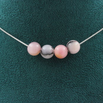 Pink opal 8 mm 4 beads necklace. Stainless steel chain