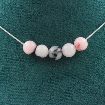 Pink opal 8 mm 5 beads necklace. Stainless steel chain