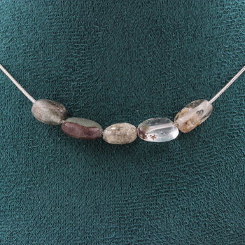 Green Phantom Quartz from Brazil 5 beads necklace. Stainless steel chain