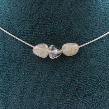 Collier 3 perles Quartz à Rutile doré du Brésil Chaine en acier inoxydable