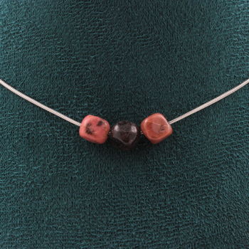 Collier 3 perles Rhodochrosite du Brésil Chaine en acier inoxydable