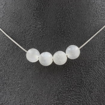 Selenite from Morocco 8 mm 4 beads necklace. Stainless steel chain