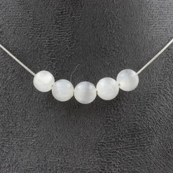 Selenite from Morocco 8 mm 5 beads necklace. Stainless steel chain