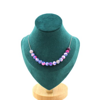 Collier 15 perles Agate veines de Dragon fuchsia et bleu 8 mm