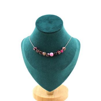 Fuchsia and brown Agate 10 bead necklace 8 mm. Stainless steel chain