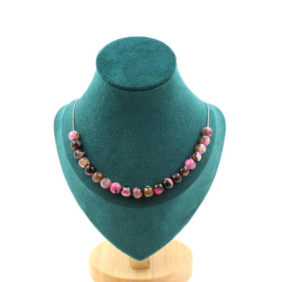 Fuchsia and brown Agate 20 bead necklace 8 mm. Stainless steel chain