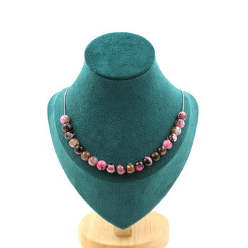 Fuchsia and brown Agate 20 bead necklace 8 mm. Stainless steel chain