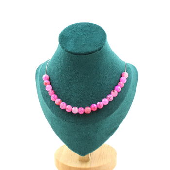 Collier 20 perles Agate craquelé Fuchsia 8 mm. Chaine en acier inoxydable