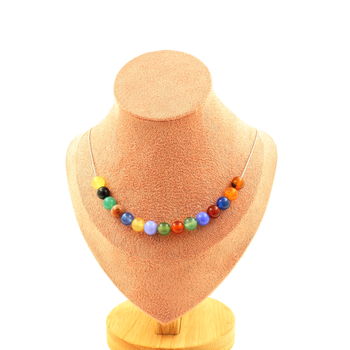 Collier 15 perles Agate multicolore 8 mm. Chaine en acier inoxydable