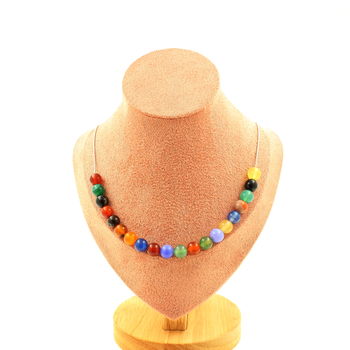 Collier 20 perles Agate multicolore 8 mm. Chaine en acier inoxydable