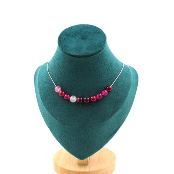 Collier 10 perles Agate rubanée rose 8 mm. Chaine en acier inoxydable