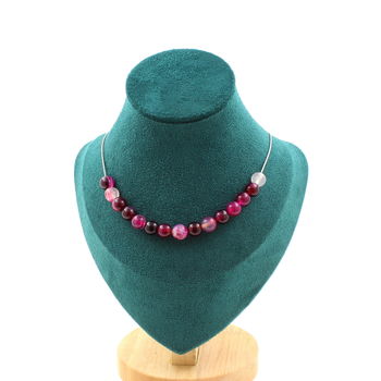 Collier 15 perles Agate rubanée rose 8 mm. Chaine en acier inoxydable