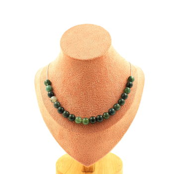 Collier 20 perles Agate mousse 8 mm. Chaine en acier inoxydable