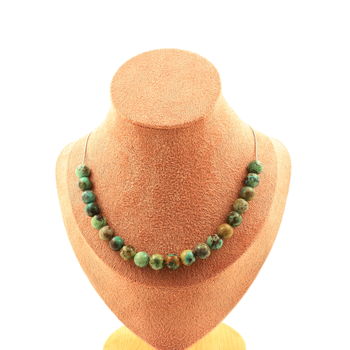Collier 20 perles Chrysocolle de Namibie qualité 7A 8 mm. Chaine en acier inoxydable
