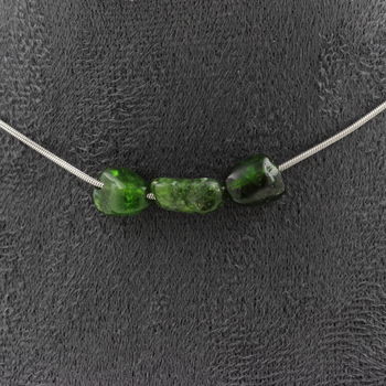 Diopside from Brazil 3 beads necklace. Stainless steel chain