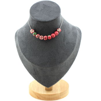 Collier 10 perles Jaspe vert rouge 8 mm. Chaine en acier inoxydable