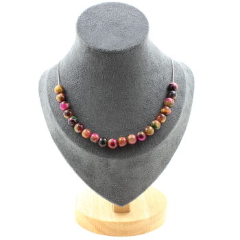 Two-tone Fuschia Tiger's Eye 8 mm 20 beads necklace. Stainless steel chain