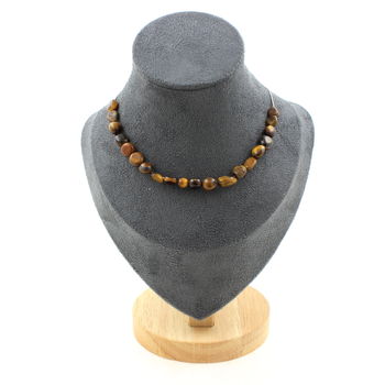 Collier 20 perles Oeil de Tigre d'Afrique du Sud. Chaine en acier inoxydable