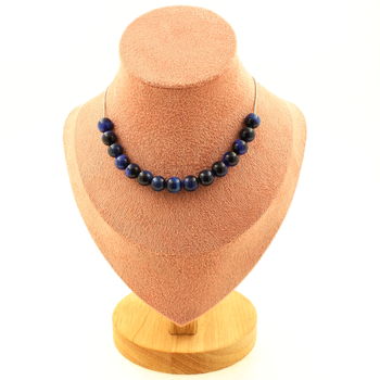 Collier 15 perles Oeil de Tigre Bleu 8 mm. Chaine en acier inoxydable